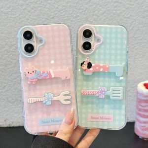 💯【เคสโทรศัพท์】 + Gratis Ongkir💯เคสโทรศัพท์ส้อมสุนัขแมวแบบสามมิติสำหรับ iPhone 16 15 14 13 12 Pro Max 11กันกระแทกป้องกันทุกส่วนของเครื่องปกป้องปลอกอะครีลิค