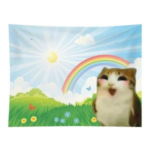 VIKAMA Rainbow Meadow Happy Cat Meme Wall Tapestry Blue Sky Sun Cloud Grass Flower Excited Kitten Funny Humor Bedroom Living