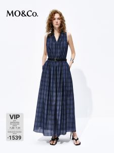 MO&Co. | Summer Lightweight Silk Cotton Blue and Black Check V-Neck High Waist Long Dress