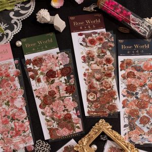 Retro Rose Gold Foil Stickers 3D Floral Decorative Paper Crafts DIY Journaling Materials Vintage Style Pvc Transfers