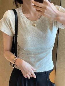 Miiow | Gray Short Sleeve Womens Base Shirt Inner Wear Spring Summer Slim Fit Versatile Three Quarter Sleeve Commute Style Pure Color