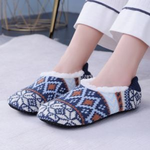 Thickened Fleece Warm Indoor Floor Socks Anti-slip Soft Soled Shoes Womens Home Slippers Prevent Cold Feet Diamond Pattern