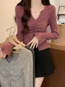 GUZILIAN | Slim Fit U-Neck Knitted Base Shirt Women Autumn Winter New Style Pleated Waist Inning Bell Sleeve Irregular Slit Pure Color Inner Wear