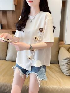 Áo Thun Tay Ngắn Mùa Hè Thời Trang Cho Bà Bầu Họa Tiết Hoa Ba Chiều Dáng Rộng Thoải Mái Cotton Polyester Dài Vừa Phải