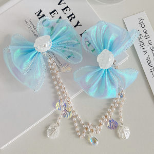Blue Mermaid Princess Hair Clip Childrens Bow Knot Forehead Chain Headwear Tassel Ear Hanging Girls Hair Accessories