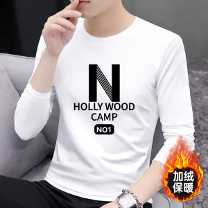 Mens Long Sleeve T-Shirt round Neck Fleece Lined Loose Base Shirt Youth Fashion Brand Warm Autumn Spring Winter Top