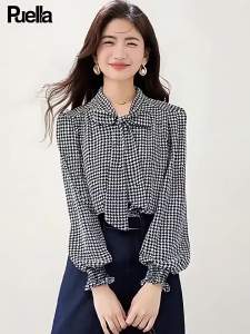 puella | Áo Đi Làm Phong Cách Pháp Đen Caro Cổ Xòe Elegance