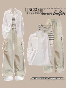 plus Size Autumn Fashion Three Piece Set Striped Knitted Vest Versatile Sun Protection Casual Pants Womens Style Long Sleeve Polo Collar