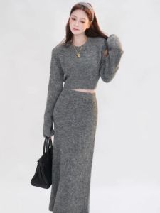 High Waist Knitted Dress Set Womens Autumn Winter Fashion High End Feeling Two Piece Suite mid High Waist Elastic Knit Skirt