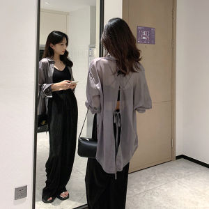 เสื้อเชิ้ตผ้าชีฟองกันแดดสำหรับผู้หญิง ทรงหลวม สไตล์ลำลอง แขนยาว ปกโปโล กระดุมเดียว ปกโปโล กระดุมเดียว