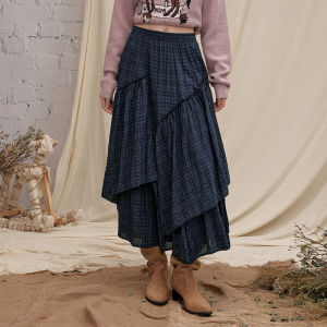 Unifree | Blue Vintage Plaid Asymmetric Design Long Skirt