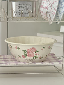 Large Enamel Soup Bowl Fruit Bowl Kitchen Sink Pasta Bowl Rustic French Vintage Style round Dishware for Adults Plant Floral Pattern