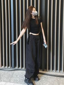 American Style High Waist Black Work Pants Women Summer New Straight Casual Loose Wide Leg Trousers Drawstring Pants