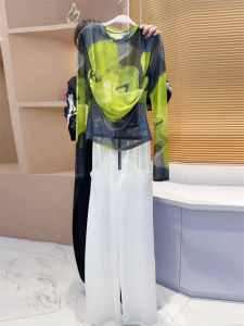 Fashionable Tie Dye Slimming Two Piece Set round Neck High Waist Casual Pants Conceal Flab Young Looking Slimming T Shirt