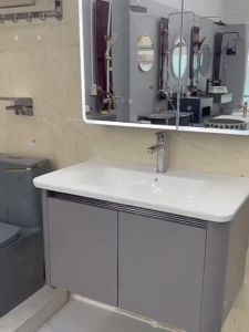 LIÊN HỆ FREESHIP Tủ chậu gương lavabo phòng tắm CT02 Xám Gương Led nhựa PVC cao cấp siêu bền đẹp kích thước mặt lavabo 50x80 cm