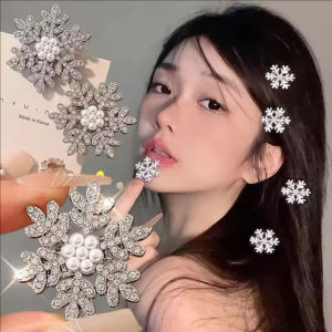 10Pcs Sliver Snowflake Hair Clip Shiny Pearl Rhinestone Women Girls Sweet Bangs Side Clip Sparkling Hairpins Christmas Headwear