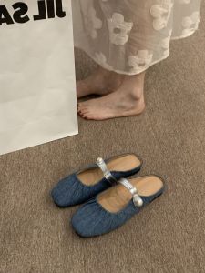Retro Flat Bottom Denim Slip-On Fairy Shoes Silver Summer Lazy Person Sandals Single Shoes Korean Style Casual Slipper