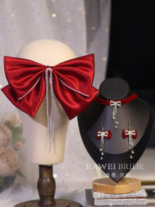 กิ๊บติดผมโบว์ผีเสื้อขนาดใหญ่สีแดงผ้าซาตินสำหรับเจ้าสาว กิ๊บติดผมสไตล์หวานสำหรับงานแต่งงานและงานปาร์ตี้