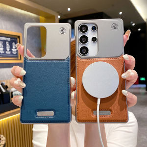 เคสโทรศัพท์หนังแท้สีพื้นหรูหราพร้อมแม่เหล็ก Mgasafe สำหรับ Samsung Galaxy S25 Ultra S23 S22 S24 Ultra