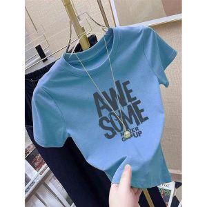 V.C.I | Lake Blue Straight Shoulder Short Sleeve T-shirt Letter Print