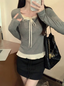 Retro Fake Two-piece ผ้าทูลล์ รัฟเฟิล แขนยาว ผู้หญิง เสื้อท่อนบน ไม่ซ้ําใคร ฤดูใบไม้ร่วง อินเทรนด์ สลิมฟิต เสื้อยืดยาวสั้นคอ U