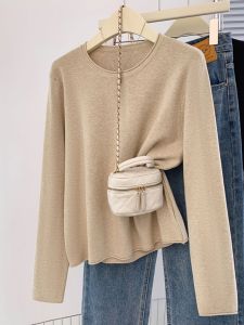 plus Size Womens Simple Solid Color Knitted Sweater Core Spun Yarn Base Layer Shirt for Autumn Winter Belly Concealing Slimming