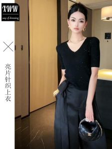 Áo Thun Dệt Kim Cổ Chữ V Ôm Vừa Vặn Tay Ngắn Mùa Hè Mới Cho Nữ Chất Liệu Khác Màu Trơn Thường Ngày