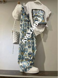 Large Size Fashionable Printed Short Sleeve T-Shirt and Wide Leg Pants Set for Women Summer Ethnic Style Polyester Material