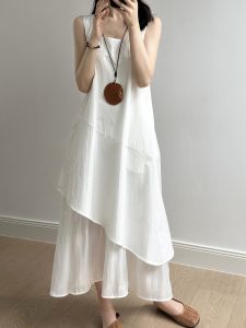 White Summer French Coast Vacation Sleeveless Vest Dress Irregular Natural Waist A-Line Pure Color Korean Style Long Dress