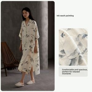 yuenei | Summer Pure Cotton Nightgown Womens Sleepwear Long Sleeve Short Sleeve Gauze Home Clothes Casual Wearable Large Size Yellow