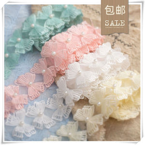 Double Layer Beaded Ribbon 3D Butterfly Knot Lace Trim Colorful Pearl Fabric Patch DIY Handmade Home Sewing Accessories