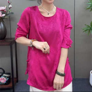 New Chinese Style plus Size Womens Summer Shirt Sun Protection Satin Embroidery Button Base Top Straight Body Long Sleeve
