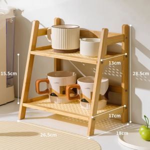 2-Tier Bamboo Countertop Organizer Rattan Coffee Cup Holder Desktop Storage Shelf for Kitchen Bathroom Vanity Dressing Table 