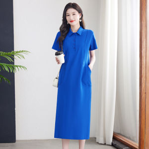 Casual Cotton Long Dress Short Sleeve Polo Collar Womens Gown Full Cotton Knee-Length Overcoat T-Shirt Dress Summer Fashion