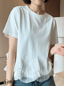 เสื้อยืดแขนสั้นผู้หญิงผ้าตาข่ายสไตล์เกาหลีฤดูร้อนปี 2025 ทรงหลวม สไตล์ลำลอง สีพื้น ผ้าฝ้ายผสมโพลีเอสเตอร์ ปกติ