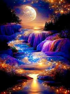 Huacan DIY Diamond Painting Landscape Waterfall Full Diamond Mosaic Moon Wall Art Decoration Handmade Gift Craft Kit
