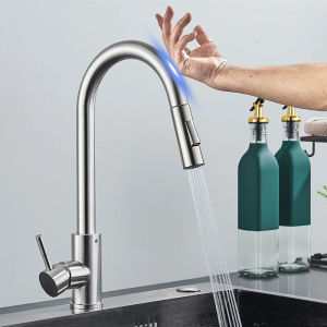 Brushed Smart Touch On Kitchen Faucet Sensor 360 Rotation Pull Out Single Handle Mixer Tap Two Water Modes Sink Crane Hot Cold