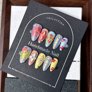 10 Móng Tay Giả Thủ Công Hình Hạnh Nhân Đính Đá Pha Lê Đỏ Kiểu Pháp Thiết Kế Nơ Baroque Dùng Được Cho Tiệc Tùng