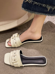 Fashionable Flat Bottom Square Head Beach Slippers for Women Casual Low Heel Rubber Sole PU Inner Material Korean Style
