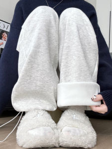 Light Gray Sports Pants Female Fall and Winter 2024 New Arrival American Casual Loose Wide Leg Small Fleece-lined Slimming Sweatpants