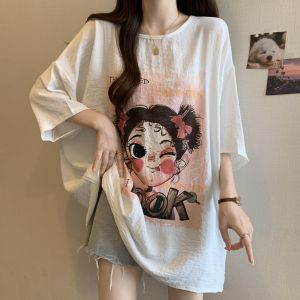 plus Size Summer T-Shirt Cartoon Print Chiffon Loose Fit Short Sleeve Womens Top Trendy Commute Korean Style Regular Thickness