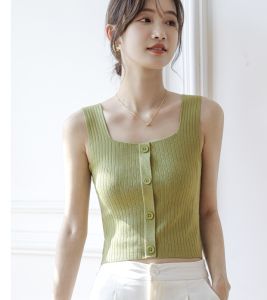 เสื้อกล้ามคล้องคอถักคอเหลี่ยม สำหรับผู้หญิงรูปแบบใหม่ ผ้าไหมน้ำแข็งตัวสั้น