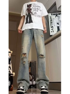 Light Blue Mens Jeans Summer American Vibe Straight Leg High Street Cool Slim Fit Hole Punch Straight Cut Denim Jeans