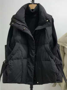 Stylish Thickened down Cotton Vest Womens Short Loose Slimming Fashionable Warm Polyester Fiber Commute Style Zipper Closure