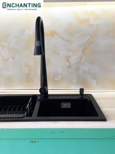 ENCHANTING Kitchen Sink Bak Cuci Piring Dapur Granite 2 Bowl Topmount Black E1090 Set Keran E1583HC Black Panas Dingin