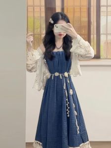 CHANGTONG | Retro Bohemian Long Denim Dress Womens Shoulder Baring Cold Tone Unique Fashion Vintage Style Strapless Gown Spring Summer
