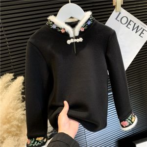 New Chinese Style Girls Fleece Lined Embroidered Top Childrens T Shirt Winter Wear 2024 New Arrival Soft Cotton Long Sleeve