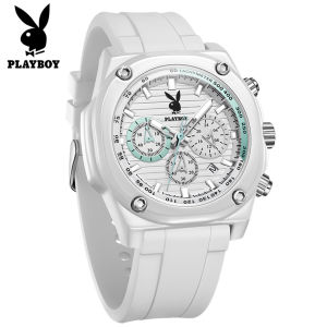 PLAYBOY นาฬิกา สำหรับกันน้ำสาระหน้าปัดโครโนกราฟมัลติ ผู้ชายหน้า สบายๆ ซิลิโคนปฏิทินเรืองแสง