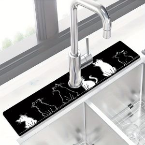 VIKAMA Black and White Cat Sink Splash Mat | Kitchen Faucet Drain Mat | Minimalist Instagram-Style Countertop Drain Mat