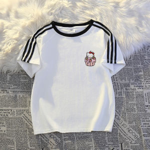 เสื้อยืดแขนสั้นผ้าฝ้ายแท้คอกลมลายการ์ตูนเนื้อหนาสำหรับผู้หญิงในช่วงฤดูร้อน เสื้อยืดหลวมๆ สไตล์ญี่ปุ่น Tagkita